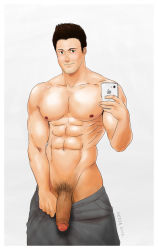 Rule 34 | 1boy, cellphone, flaccid, highres, iphone, male focus, penis, phone, topless male, simple background, smartphone, solo