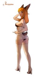 Rule 34 | 1girl, animal ears, ass, black panties, bonnie (roxxxan), breasts, closed mouth, corset, detached sleeves, dog ears, dog tail, from behind, full body, high heels, highres, long hair, looking at viewer, looking back, medium breasts, multicolored hair, nightgown, orange hair, original, panties, roxxxan, shoes, short tail, signature, simple background, solo, streaked hair, tail, thighhighs, underwear, white background, white footwear, white thighhighs