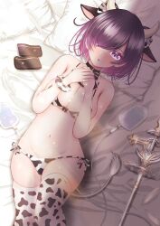Rule 34 | 1girl, absurdres, animal ears, animal print, azur lane, bare shoulders, bikini, black collar, blush, breasts, collar, commission, cow ears, cow print, cow print bikini, cow tail, fake animal ears, feathers, from above, hair ornament, hair over one eye, hands up, highres, intravenous drip, jervis (azur lane), large breasts, looking at viewer, lying, navel, on back, on bed, parted lips, pillow, print bikini, purple eyes, purple hair, riraranran, short hair, side-tie bikini bottom, skeb commission, solo, staff, stomach, swimsuit, tail, thighhighs