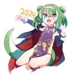 Rule 34 | 1girl, 2024, blue eyes, cape, china dress, chinese clothes, cross-shaped pupils, done (donezumi), dragon girl, dragon tail, dress, fang, full body, green hair, highres, open mouth, original, skin fang, solo, symbol-shaped pupils, tail, white background