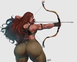 Rule 34 | 1girl, arrow (projectile), ass, batako (batakoart), bow, butt crack, curvy, fighting stance, gloves, huge ass, long hair, muscular, muscular female, pants, red hair, simple background, standing, tank top, thick thighs, thighs, tight clothes, tight pants, very long hair, white background