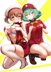 Rule 34 | 2girls, absurdres, bad id, bad pixiv id, black legwear, blush, boots, bra, breasts, breasts squeezed together, brown footwear, brown hair, cedar (cedar japonica), cleavage, closed mouth, collared shirt, commentary request, cosplay, costume switch, emerada etuva, green eyes, green hair, hataraku maou-sama!, highres, large breasts, looking at viewer, multiple girls, orange eyes, panties, pantyshot, red shirt, ribbon bra, sasaki chiho, shirt, shoes, short hair, short sleeves, smile, socks, squatting, thigh boots, thighhighs, thighs, tiptoes, torn clothes, two-tone background, underwear, visor cap, wavy mouth, white footwear