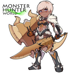 Rule 34 | 1girl, armor, armored boots, bikini armor, blonde hair, blush, boots, charge blade, chibi, copyright name, dark-skinned female, dark skin, full body, gauntlets, holding, holding shield, holding sword, holding weapon, horns, kupala, loincloth, looking at viewer, monster hunter, monster hunter: world, monster hunter (series), navel, nergigante (armor), no nose, purple eyes, scar, scar across eye, scar on face, shield, short hair, skull, smile, solo, spikes, stomach, sword, weapon