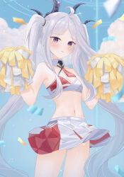 1girl absurdres ahoge alternate_costume bare_shoulders blue_archive blurry blurry_background blush breasts cheerleader commentary confetti cowboy_shot crop_top demon_girl demon_horns detached_collar dong_hawn highres hina_(blue_archive) holding holding_pom_poms horns long_hair looking_at_viewer millennium_cheerleader_outfit_(blue_archive) miniskirt navel outdoors panties pantyshot parted_lips pleated_skirt pom_pom_(cheerleading) pom_poms purple_eyes skirt small_breasts solo star_sticker sticker_on_face stomach sweat twintails underwear very_long_hair white_panties