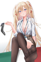 Rule 34 | 1girl, absurdres, asayoru, azur lane, black footwear, black thighhighs, blonde hair, blue eyes, blush, breasts, brown skirt, cleavage, commentary, crossed legs, dress shirt, foot out of frame, gorizia (azur lane), gorizia (unrequited office love?) (azur lane), hair between eyes, hair ribbon, high heels, highres, holding, holding shoes, italian flag, lanyard, long hair, looking at viewer, medium breasts, miniskirt, no bra, official alternate costume, open clothes, open shirt, parted lips, pencil skirt, red ribbon, ribbon, shirt, shirt tucked in, shoes, unworn shoes, sitting, skirt, solo, thighhighs, toes, two side up, v-shaped eyebrows, white ribbon, white shirt