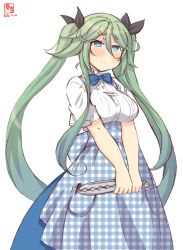 Rule 34 | 1girl, alternate costume, alternate hairstyle, apron, artist logo, blouse, blue apron, blue bow, blue eyes, blue neckwear, blush, bow, bowtie, bread, breasts, button gap, checkered apron, checkered clothes, cowboy shot, dated, food, gingham, gingham apron, green hair, hair between eyes, hair ornament, hair ribbon, hairclip, highres, kanon (kurogane knights), kantai collection, kobeya, kobeya uniform, large breasts, looking at viewer, neckerchief, plaid, plaid apron, ribbon, shirt, simple background, solo, standing, tongs, twintails, uniform, waitress, white background, white shirt, yamakaze (kancolle)