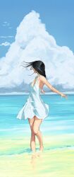 Rule 34 | 1girl, barefoot, beach, bird, black hair, blue sky, cloud, cloudy sky, commentary, day, dress, english commentary, facing to the side, highres, horizon, long hair, ocean, original, outdoors, outstretched arms, shore, sky, solo, standing, standing on one leg, sundress, sunlight, tbocart, turning head, twisted torso, wading, water, white dress