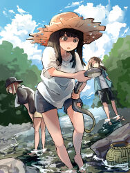 Rule 34 | 23el, 3girls, animal, barefoot, baseball cap, basket, black hair, black shorts, blue jacket, blue sky, blunt bangs, cloud, cloudy sky, commentary, day, eel, fish, full body, hand to forehead, hat, highres, holding, holding animal, holding fish, jacket, leaning forward, long hair, looking at animal, mountain, multiple girls, open clothes, open jacket, open mouth, original, outdoors, ponytail, shirt, short sleeves, shorts, sky, standing, stone, stream, sun hat, sweat, t-shirt, towel, towel around neck, tree, wet, white shirt, yellow shorts