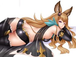Rule 34 | 1girl, animal ears, ass, bare shoulders, blonde hair, blush, breasts, butt crack, cape, come hither, elbow gloves, gloves, granblue fantasy, large breasts, long hair, looking at viewer, lying, metera (granblue fantasy), panties, purple eyes, shiny clothes, shiny skin, sideboob, smile, solo, suzuki sakura, thighhighs, underwear, very long hair