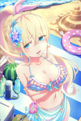 Rule 34 | 1girl, animal ears, bad id, bad pixiv id, beach, bikini, blonde hair, blue eyes, blush, bottle, breast hold, breasts, cleavage, day, embarrassed, fake animal ears, flower, food, frilled bikini, frills, from above, fruit, hair flower, hair ornament, hairband, highres, innertube, large breasts, long hair, looking at viewer, loup, open mouth, original, outdoors, ponytail, rabbit ears, sand castle, sand sculpture, solo, striped bikini, striped clothes, sweat, swim ring, swimsuit, very long hair, water, watermelon