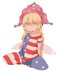 Rule 34 | 1girl, absurdres, american flag legwear, bad id, bad pixiv id, blonde hair, bright pupils, clownpiece, collarbone, fairy wings, hat, highres, jester cap, long hair, looking at viewer, pantyhose, pink eyes, pink hat, polka dot, shirt, short eyebrows, short sleeves, simple background, single bare shoulder, solo, soya6479, spread legs, star (symbol), star print, striped, thick eyebrows, touhou, very long hair, white background, wings