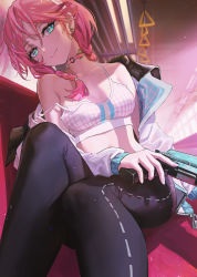 Rule 34 | 1girl, arknights, blue eyes, blue poison (arknights), blue poison (shoal beat) (arknights), blush, braid, breasts, choker, commentary, dart gun, ear piercing, english commentary, feet out of frame, gun, hairband, head tilt, highres, holding, holding gun, holding weapon, jacket, looking at viewer, medium hair, off shoulder, official alternate costume, open clothes, open jacket, piercing, pink choker, pink hair, scales, small breasts, smile, solo, sports bra, stomach, ttk (kirinottk), weapon, white jacket