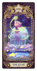 Rule 34 | :o, absurdres, blue eyes, blush stickers, border, card (medium), colored skin, commentary, english commentary, fog, fountain, fountain of dreams, full moon, highres, holding, holding wand, jiao (assppp655), kirby, kirby (series), leg up, meteor shower, moon, night, night sky, nintendo, no humans, open mouth, pink skin, red footwear, shoes, sky, solo, star (sky), star (symbol), star rod, tarot, the star (tarot), wand, white border