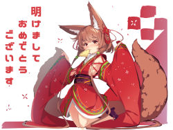 Rule 34 | 1girl, animal ears, black footwear, blush, brown hair, closed mouth, commentary request, detached sleeves, food, fox ears, fox girl, fox tail, hair ornament, high heels, japanese clothes, kimono, kneeling, long hair, long sleeves, looking at viewer, low twintails, mouth hold, original, pinching sleeves, red eyes, red kimono, sandals, solo, tail, twintails, very long hair, wide sleeves, yuuji (yukimimi), zouri