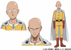 Rule 34 | &gt;:|, 1boy, :d, :|, art shift, bald, belt, bodysuit, boots, cape, character sheet, closed mouth, constricted pupils, expressions, full body, gloves, kubota chikashi, looking at viewer, male focus, multiple views, neck, official art, one-punch man, open mouth, red footwear, red gloves, saitama (one-punch man), serious, simple background, smile, standing, superhero costume, upper body, v-shaped eyebrows, watermark, white background, zipper