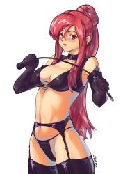 Rule 34 | 1girl, arm tattoo, artist name, bdsm, black bra, black gloves, black panties, black thighhighs, bra, breasts, collar, collarbone, commentary, cowboy shot, dominatrix, english commentary, erza scarlet, fairy tail, femdom, garter belt, garter straps, gloves, holding, holding riding crop, latex, latex gloves, latex legwear, linea alba, long hair, medium breasts, navel, panties, parted lips, ponytail, red eyes, red hair, riding crop, simple background, smile, solo, tattoo, thighhighs, underwear, urumi (urumi00), white background