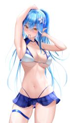 Rule 34 | 1girl, absurdres, adjusting hair, bad id, bad pixiv id, bikini, blue bikini, blue hair, blush, breasts, cleavage, collarbone, flower, flower on head, gluteal fold, hair flower, hair ornament, hair tie in mouth, highleg, highleg bikini, highres, hololive, huge filesize, in mouth, large breasts, legs apart, long hair, looking at viewer, miniskirt, moubokobokodayo, mouth hold, navel, o-ring, o-ring bikini, o-ring top, pointy ears, ponytail, seductive smile, simple background, skirt, smile, solo, swimsuit, thick thighs, thigh strap, thighs, thong bikini, underboob, virtual youtuber, wet, white background, yellow eyes, yukihana lamy