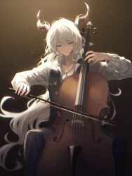 Rule 34 | 1boy, absurdres, animal ears, arknights, black pants, black vest, blue eyes, brown background, cello, closed mouth, goat boy, goat ears, goat horns, gradient background, grey hair, highres, horns, instrument, jewelry, kreide (arknights), light particles, long hair, long sleeves, male focus, music, necklace, open clothes, open vest, pants, playing instrument, shirt, signature, sitting, solo, v-shaped eyebrows, velephyr, very long hair, vest, white shirt