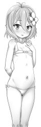 Rule 34 | 1girl, :d, antenna hair, arm behind back, bare arms, bare shoulders, bikini, blush, bow, bow bikini, breasts, collarbone, commentary request, feet out of frame, flower, greyscale, hair between eyes, hair flower, hair ornament, hand up, highres, kokkoro (princess connect!), looking at viewer, monochrome, navel, open mouth, pointy ears, princess connect!, short eyebrows, simple background, small breasts, smile, solo, standing, swimsuit, testa, thick eyebrows, white background