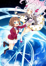 Rule 34 | 2girls, :o, black socks, blazer, blue eyes, blush, braid, brown footwear, brown hair, closed mouth, dress, floating hair, gradient hair, half updo, highres, holding hands, jacket, kneehighs, light smile, loafers, long hair, long sleeves, looking at another, multicolored hair, multiple girls, natsu (natume0504), open mouth, original, pink hair, pleated skirt, school uniform, see-through, shoes, skirt, smile, socks, space, space station, tareme, wavy hair, white dress, white hair, white skirt, yellow eyes