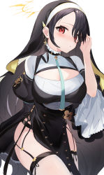 Rule 34 | 1girl, :o, absurdres, adjusting hair, asymmetrical bangs, black choker, black hair, blue archive, blush, breasts, choker, cleavage cutout, clothing cutout, cowboy shot, cross, cross earrings, earrings, garter belt, garter straps, halterneck, hand up, highres, hinata (blue archive), jewelry, juliet sleeves, large breasts, layered sleeves, long hair, long sleeves, looking at viewer, necktie, nokke o, nun, pelvic curtain, puffy sleeves, red eyes, solo, thighhighs, veil, white background, white thighhighs, wide sleeves