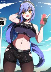 Rule 34 | azur lane, breasts, essex (a trip down route 66) (azur lane), essex (azur lane), gloves, highres, large breasts, midriff, monster energy, navel, open mouth, pantyhose, ponytail, route 66, sayossa (pak-front), shorts, solo, sports bra