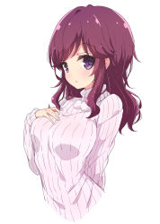 Rule 34 | 1girl, aged up, breasts, highres, large breasts, long hair, long sleeves, looking at viewer, machikado mazoku, mel (melty pot), purple eyes, purple hair, ribbed sweater, simple background, solo, sweater, turtleneck, turtleneck sweater, upper body, white background, white sweater, yoshida ryouko