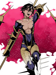 Rule 34 | 1boy, arjuna (fate), bare pectorals, bishounen, black hair, bodysuit, cape, collar, cosplay, dark-skinned male, dark skin, eyeliner, fate/grand order, fate/prototype, fate/prototype: fragments of blue and silver, fate (series), flat color, fur cape, gold trim, jewelry, karna (fate), karna (fate) (cosplay), makeup, male focus, necklace, ozymandias (fate), pectorals, polearm, solo, spear, spiked collar, spikes, trait connection, weapon, zuwai kani