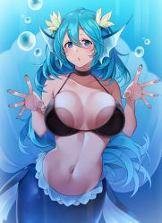 Rule 34 | 1girl, :o, against glass, air bubble, bad id, bad pixiv id, bare arms, bare shoulders, blue eyes, blue hair, blue nails, blush, breast press, breasts, breasts on glass, bubble, cleavage, collarbone, cowboy shot, fingernails, fins, flower, hair between eyes, hair flower, hair ornament, head fins, highres, large breasts, long fingernails, long hair, looking at viewer, mermaid, monster girl, nail polish, navel, open mouth, original, solo, stomach, suruga (xsurugax), underwater, very long hair, white flower