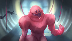 Rule 34 | absurdres, armor, blurry, blurry background, highres, indoors, kirby, kirby (series), kirby and the forgotten land, looking at hand, meme, metroid, mouthful mode, nintendo, power armor, samus aran, science fiction, shiburingaru, vore