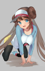 Rule 34 | 1girl, all fours, black pantyhose, blue eyes, blush, breasts, brown hair, collarbone, creatures (company), double bun, full body, game freak, grey background, hair bun, jyu gorilla, large breasts, long hair, looking at viewer, nintendo, open mouth, pantyhose, pantyhose under shorts, pokemon, pokemon bw2, raglan sleeves, rosa (pokemon), shadow, shorts, simple background, smile, solo, twintails, very long hair, visor cap, yellow shorts