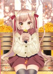 Rule 34 | 1girl, ahoge, animal ear fluff, animal ears, autumn, autumn leaves, bench, blush, cat ears, cat girl, cat tail, chestnut mouth, food, food request, hair ribbon, hamico, highres, holding, holding food, kokona (hamico), light brown hair, long hair, original, red ribbon, ribbon, sitting, skirt, solo, sweater, swept bangs, tail, tail raised, twintails, very long hair, yellow eyes, yellow sweater