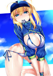 Rule 34 | 1girl, absurdres, ahoge, all fours, arched back, artoria pendragon (fate), baseball cap, beach, bikini, blonde hair, blue eyes, blue hat, blue sky, blush, breasts, cleavage, closed mouth, cloud, day, eyes visible through hair, fate/grand order, fate (series), framed breasts, gluteal fold, hair between eyes, hair through headwear, hand on own chest, hat, highres, large breasts, looking at viewer, mouth hold, mysterious heroine x (fate), mysterious heroine xx (fate), outdoors, ponytail, raised eyebrows, shrug (clothing), side-tie bikini bottom, sidelocks, sky, sleeve cuffs, solo, sweat, swimsuit, thick thighs, thigh strap, thighs, watosu (watosu mama), white bikini, wristband, zipper pull tab