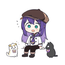 Rule 34 | 1girl, 2others, :d, absurdres, aqua eyes, black pants, cat, chibi, flat cap, hat, highres, idolmaster, idolmaster million live!, jacket, mochizuki anna, multiple others, necktie, notice lines, official alternate costume, open mouth, pants, purple hair, purple necktie, ribbon, seal 007, simple background, sitting, smile, twitter, white background, white jacket
