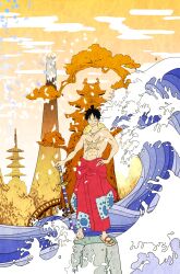 Rule 34 | 1boy, absurdres, black hair, bridge, castle, chonmage, commentary request, flip-flops, full body, hand on own hip, hat, highres, japanese clothes, kimono, kojima takashi, male focus, monkey d. luffy, official alternate costume, official alternate hairstyle, one piece, red kimono, sandals, scar, scar on chest, scar on face, solo, straw hat, sword, topknot, topless male, waving, weapon