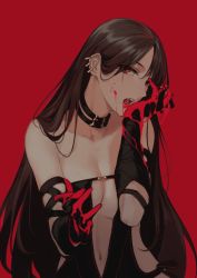 Rule 34 | 1girl, bad id, bad pixiv id, bare shoulders, black dress, black gloves, blood, blood on face, blood on hands, breasts, brown hair, center opening, choker, cleavage, collarbone, dress, ear piercing, earrings, elbow gloves, fate/grand order, fate (series), gloves, jewelry, long hair, looking at viewer, medium breasts, multiple earrings, navel, open mouth, piercing, red background, red eyes, reroi, revealing clothes, ribbon-trimmed dress, simple background, solo, strapless, strapless dress, very long hair, yu mei-ren (fate)