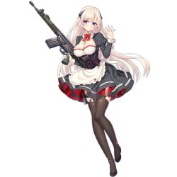 Rule 34 | 1girl, assault rifle, battle rifle, black dress, black thighhighs, blonde hair, blush, breasts, closed mouth, dress, full body, g3 (girls&#039; frontline), girls&#039; frontline, gun, h&amp;k g3, hair ornament, headgear, holding, holding gun, holding weapon, large breasts, long hair, long sleeves, looking at viewer, medium breasts, official alternate costume, official art, philomelalilium, purple eyes, rifle, smile, solo, thighhighs, transparent background, very long hair, weapon