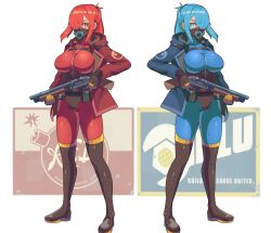 Rule 34 | 2girls, black footwear, black gloves, blu pyro (tf2), blue bodysuit, blue eyes, blue hair, blue jacket, bodysuit, boots, breasts, commentary, commission, english commentary, full body, genderswap, genderswap (otf), gloves, gun, hair over one eye, highres, holding, holding gun, holding weapon, impossible bodysuit, impossible clothes, jacket, jesternalagon, large breasts, latex, latex bodysuit, long hair, long sleeves, looking at viewer, multiple girls, open clothes, open jacket, ponytail, pyro (tf2), red bodysuit, red eyes, red hair, red jacket, red pyro (tf2), shotgun, simple background, standing, team fortress 2, thigh boots, weapon, white background