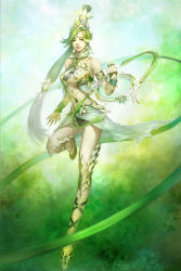 Rule 34 | 1girl, armor, bare shoulders, breasts, chakram, female focus, full body, gradient background, green eyes, green hair, green theme, hair ornament, high ponytail, jewelry, knee pads, leg ribbon, long hair, lots of jewelry, matching hair/eyes, midriff, ornate, ponytail, ribbon, solo, underboob, weapon, wristband, xenjo online, youshun (naturaljuice)
