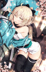 Rule 34 | 1girl, ahoge, arm guards, bare shoulders, black bow, black scarf, blonde hair, blurry, blush, bow, cherry blossoms, commentary request, depth of field, dutch angle, fate/grand order, fate (series), gabiran, hair between eyes, hair bow, haori, highres, japanese clothes, katana, kimono, looking at viewer, okita souji (fate), open mouth, outdoors, petals, sash, scarf, short hair, short kimono, sleeveless, sleeveless kimono, solo, sword, thighhighs, thighs, weapon, white kimono, yellow eyes