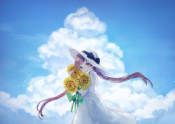 Rule 34 | 1girl, asahi yuuji, backlighting, bare shoulders, black ribbon, blue sky, blush, bow, brown hair, caustics, cloud, cloudy sky, commentary, day, dress, flower, from side, hat, hat bow, hat ribbon, head tilt, highres, holding, holding flower, hugging object, large hat, leaf, light blush, light particles, long hair, looking at viewer, open mouth, original, outdoors, purple hair, ribbon, sky, smile, solo, spaghetti strap, sun hat, sundress, sunflower, symbol-only commentary, turning head, twintails, upper body, white dress, white hat, yellow eyes