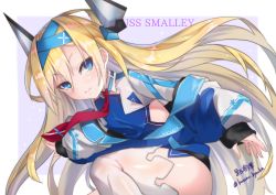 Rule 34 | 1girl, :&gt;, absurdres, azur lane, blonde hair, blue eyes, character name, closed mouth, highres, jacket, knee up, kurono hyouka, long hair, necktie, red necktie, sidelocks, signature, simple background, sleeves past wrists, smalley (azur lane), smile, solo, thighhighs, thighs, twitter username, white background, white thighhighs
