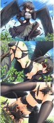 Rule 34 | ass, black hair, blush, bra, breasts, censored, cloud, feathers, garter belt, light rays, lingerie, looking back, navel, outdoors, red eyes, sky, source request, sunbeam, sunlight, thighhighs, underwear, wings