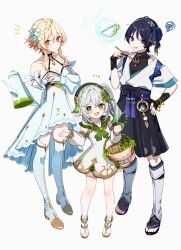 Rule 34 | 1boy, 2girls, :d, :p, alternate costume, basket, blonde hair, blue hair, boots, breasts, choker, cleavage, cross-shaped pupils, cup, detached sleeves, floating, floating object, flower, full body, genshin impact, gold trim, gradient hair, green eyes, green neckerchief, green sailor collar, hair flower, hair ornament, hat, highres, holding, holding basket, holding spoon, holding teapot, looking at viewer, lumine (genshin impact), medium breasts, multicolored hair, multiple girls, nahida (genshin impact), neckerchief, notice lines, open mouth, purple eyes, sailor collar, sandals, scaramouche (genshin impact), side ponytail, simple background, smile, spoon, squiggle, symbol-shaped pupils, teacup, teapot, thigh boots, tongue, tongue out, vision (genshin impact), wanderer (genshin impact), white background, white hair, yellow eyes, yodare (3yami8), zouri