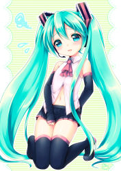 Rule 34 | 1girl, aqua eyes, aqua hair, artist name, ascot, bare shoulders, blush, boots, detached sleeves, flying sweatdrops, hatsune miku, headset, highres, kneeling, long hair, navel, pleated skirt, signature, skirt, skirt tug, solo, squiggle, striped, striped background, thigh boots, thighhighs, twintails, usashiro mani, very long hair, vocaloid