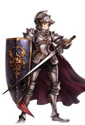 Rule 34 | 10s, 1boy, alpha transparency, armor, brown eyes, brown hair, full armor, full body, gran (granblue fantasy), granblue fantasy, helmet, knight (granblue fantasy), male focus, minaba hideo, official art, plate armor, shield, solo, sword, transparent background, weapon