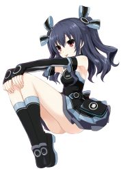 Rule 34 | 10s, 1girl, :p, armpits, bare shoulders, black hair, black socks, blush, bow, breasts, choujigen game neptune mk2, elbow gloves, gloves, hair ornament, long hair, neptune (series), red eyes, shiitake urimo, simple background, smile, socks, solo, tongue, tongue out, two side up, uni (neptunia)