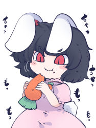 Rule 34 | 1girl, animal ears, black hair, blush stickers, carrot, chahan (fried rice0614), closed mouth, dress, eating, food, food on face, highres, holding, holding food, inaba tewi, one-hour drawing challenge, pink dress, puffy short sleeves, puffy sleeves, rabbit ears, rabbit tail, red eyes, short hair, short sleeves, simple background, solo, tail, touhou, upper body, vegetable, white background