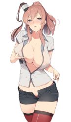 Rule 34 | 1girl, absurdres, adapted costume, blue eyes, blush, breast lift, breasts, brown hair, cameltoe, cleavage, colored pubic hair, covered erect nipples, denim, denim shorts, enosan, female pubic hair, highres, huge breasts, kantai collection, midriff, no bra, one side up, open fly, open pants, panties, pants, panty peek, parted lips, pinky out, ponytail, pubic hair, pubic hair peek, red panties, red thighhighs, saratoga (kancolle), see-through, short shorts, shorts, side-tie panties, sidelocks, simple background, skindentation, solo, standing, string panties, thighhighs, unaligned breasts, unbuttoned, underwear, untying, unzipped, white background