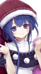 Rule 34 | 1girl, ainy, bad id, bad twitter id, blue eyes, blue hair, doremy sweet, hat, long hair, looking at viewer, open palm, red hat, smile, solo, touhou, white background